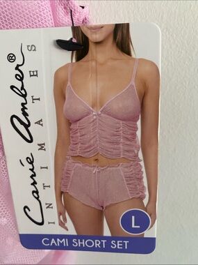 Carrie Amber Sheer Swiss Dot Ruched Bubblegum Pink Cami Shorts Set Size Large